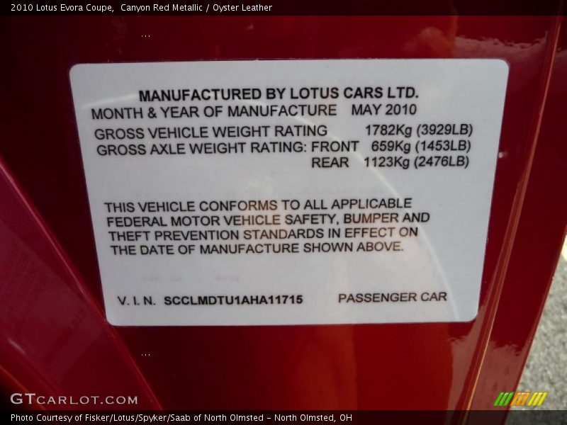 Canyon Red Metallic / Oyster Leather 2010 Lotus Evora Coupe