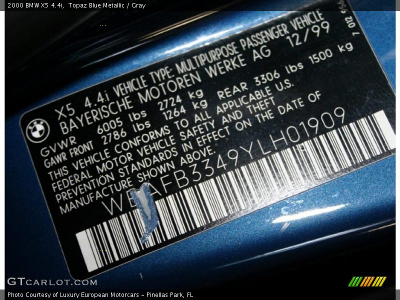 Topaz Blue Metallic / Gray 2000 BMW X5 4.4i