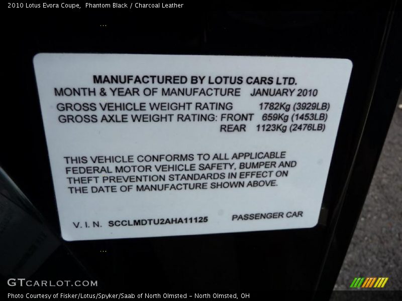 Phantom Black / Charcoal Leather 2010 Lotus Evora Coupe
