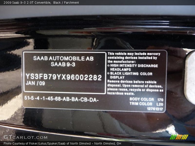Black / Parchment 2009 Saab 9-3 2.0T Convertible