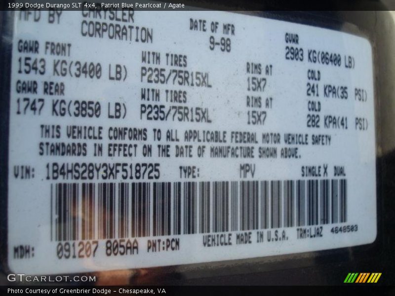 Patriot Blue Pearlcoat / Agate 1999 Dodge Durango SLT 4x4