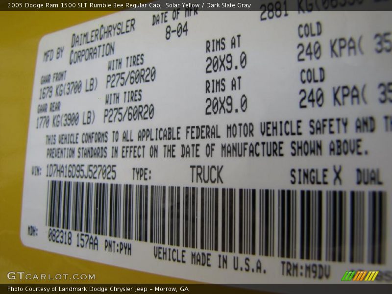 Solar Yellow / Dark Slate Gray 2005 Dodge Ram 1500 SLT Rumble Bee Regular Cab