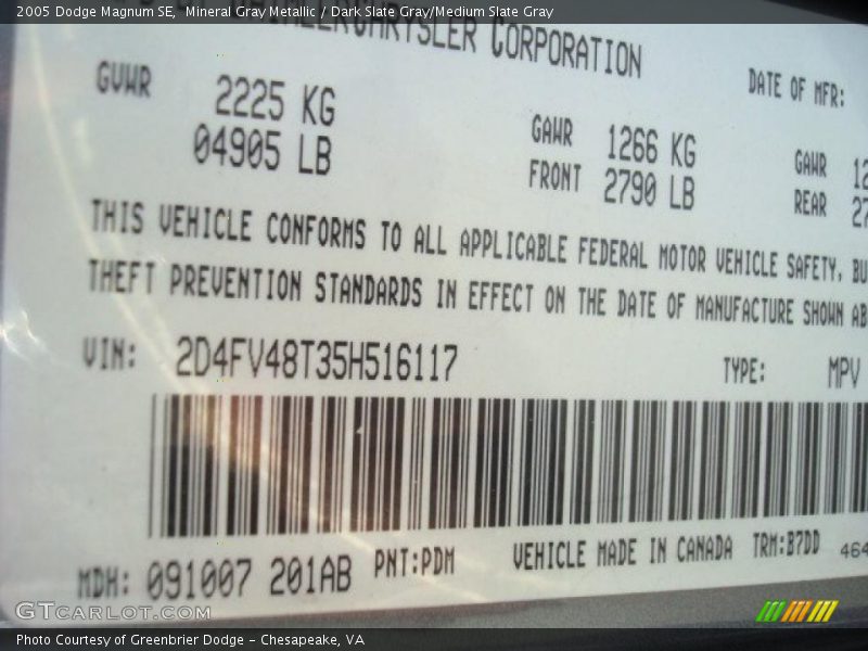 Mineral Gray Metallic / Dark Slate Gray/Medium Slate Gray 2005 Dodge Magnum SE