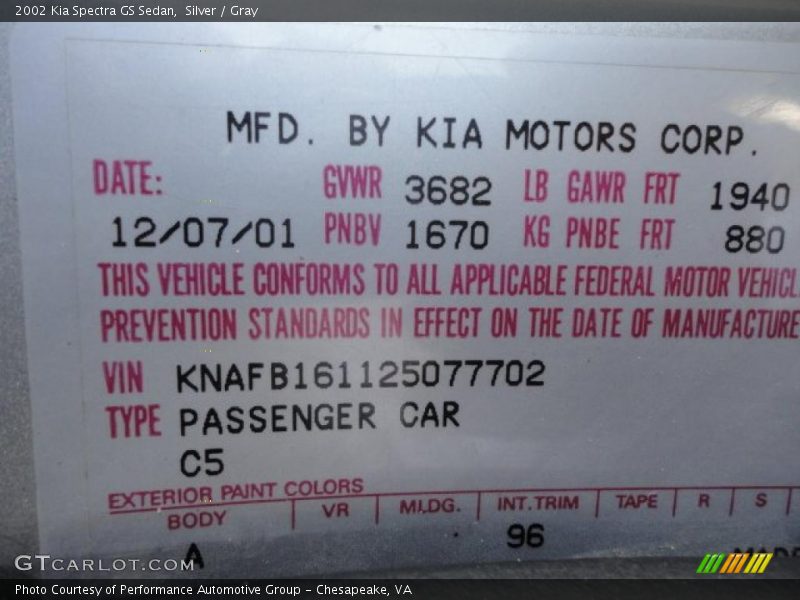 Silver / Gray 2002 Kia Spectra GS Sedan