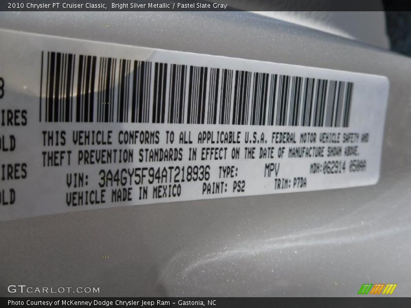 Bright Silver Metallic / Pastel Slate Gray 2010 Chrysler PT Cruiser Classic