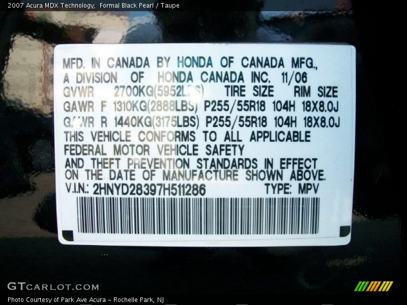 Formal Black Pearl / Taupe 2007 Acura MDX Technology