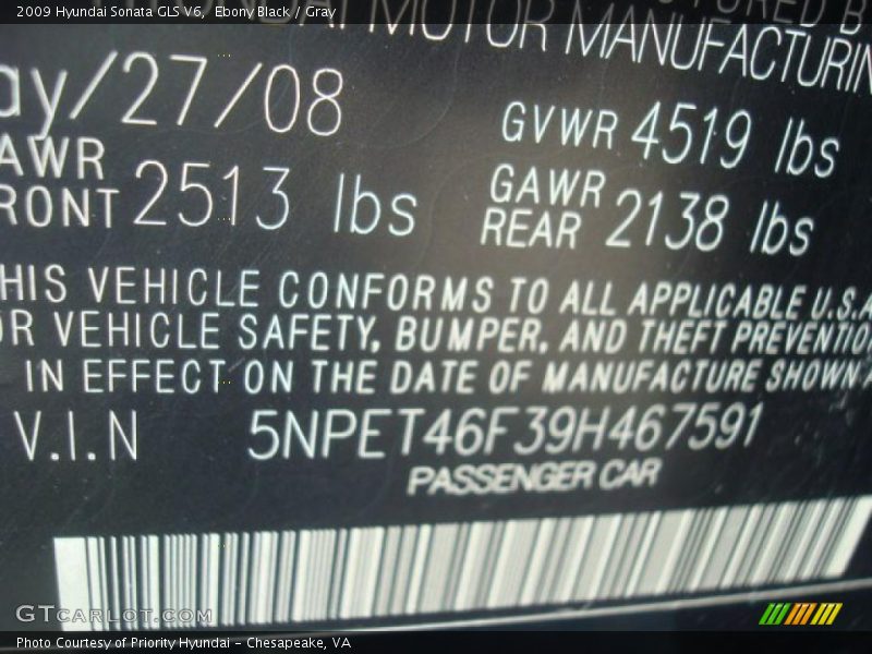 Ebony Black / Gray 2009 Hyundai Sonata GLS V6