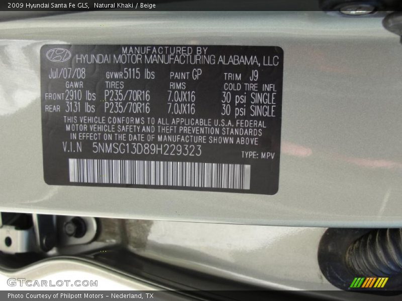 Natural Khaki / Beige 2009 Hyundai Santa Fe GLS