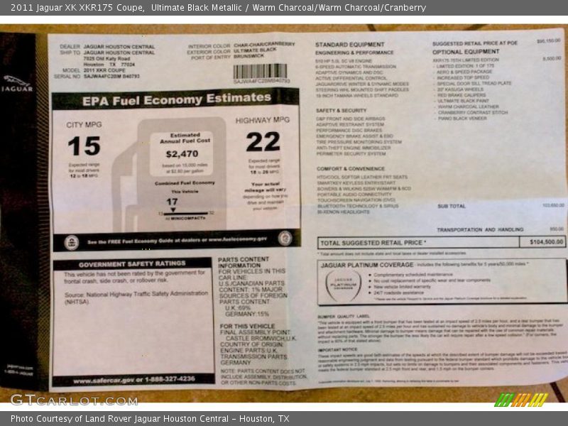 Ultimate Black Metallic / Warm Charcoal/Warm Charcoal/Cranberry 2011 Jaguar XK XKR175 Coupe