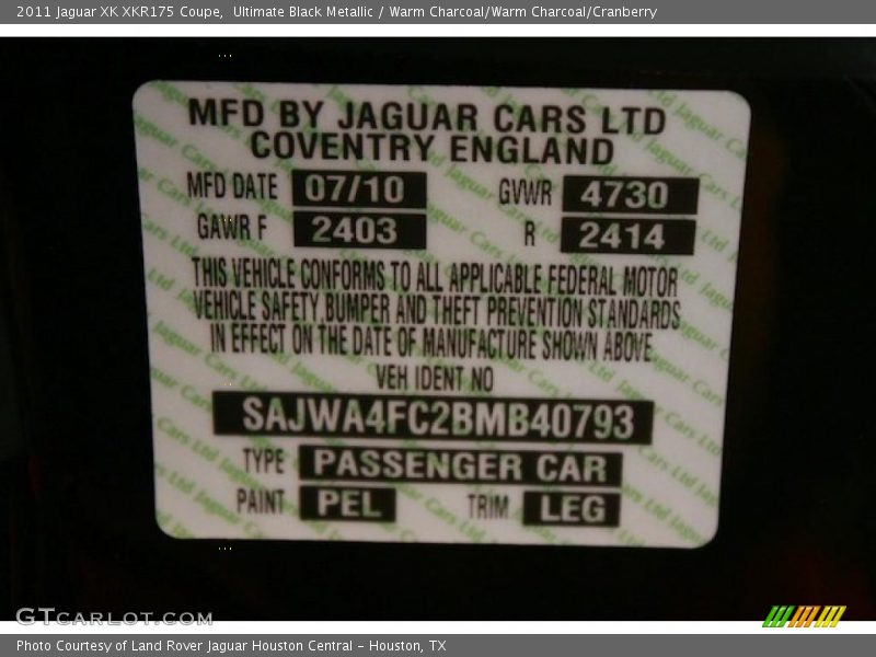 Ultimate Black Metallic / Warm Charcoal/Warm Charcoal/Cranberry 2011 Jaguar XK XKR175 Coupe