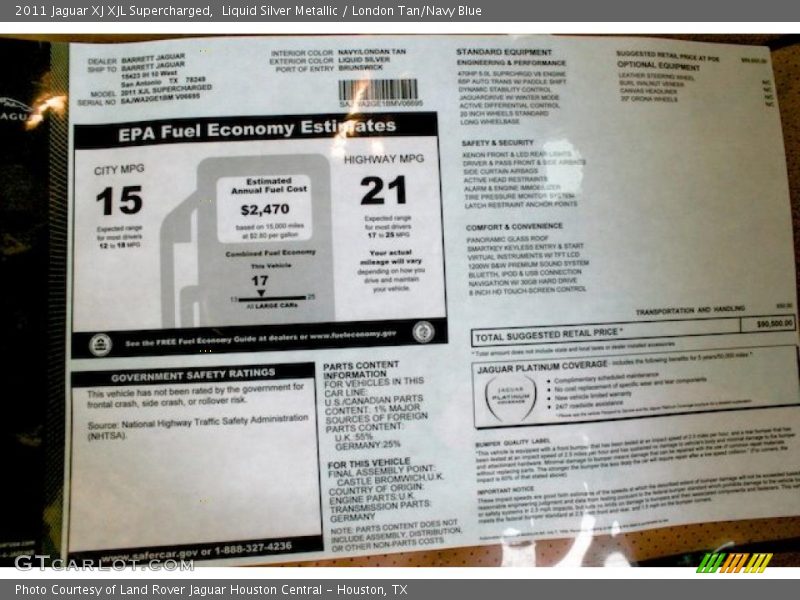Liquid Silver Metallic / London Tan/Navy Blue 2011 Jaguar XJ XJL Supercharged