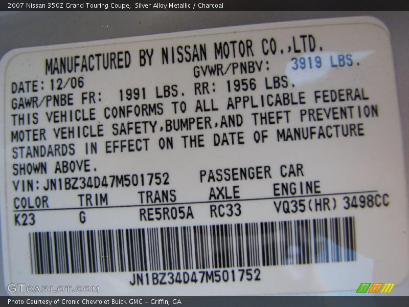 Silver Alloy Metallic / Charcoal 2007 Nissan 350Z Grand Touring Coupe