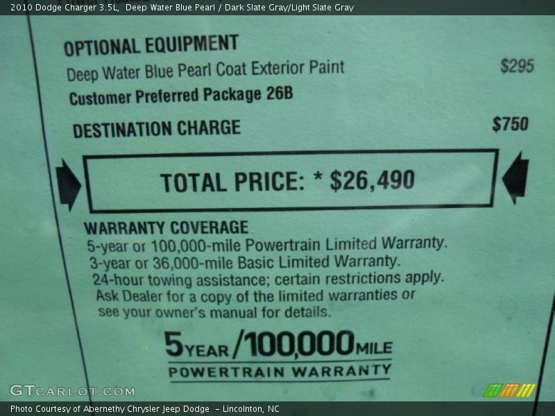 Deep Water Blue Pearl / Dark Slate Gray/Light Slate Gray 2010 Dodge Charger 3.5L