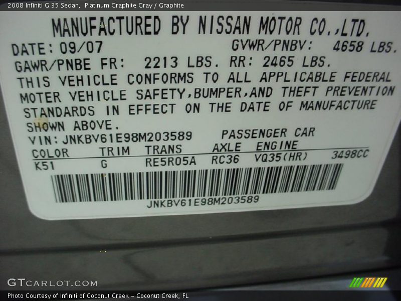 Platinum Graphite Gray / Graphite 2008 Infiniti G 35 Sedan