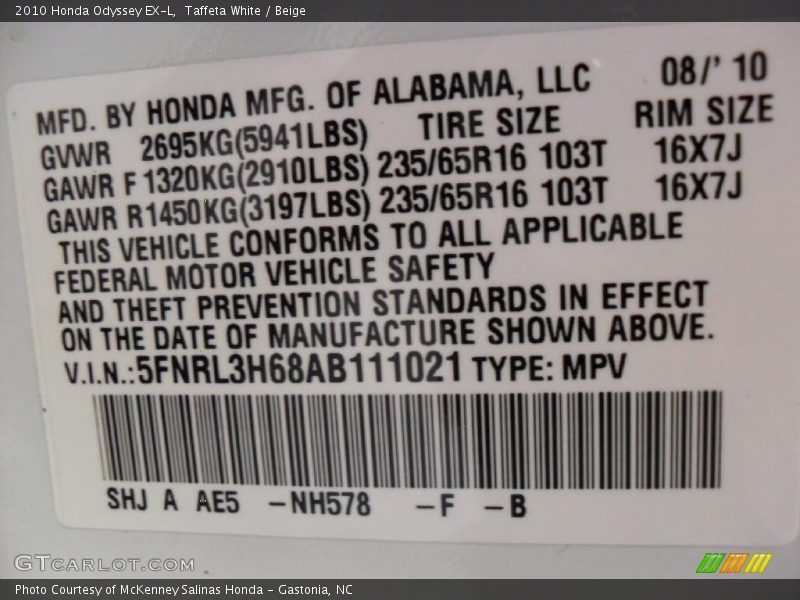 Taffeta White / Beige 2010 Honda Odyssey EX-L
