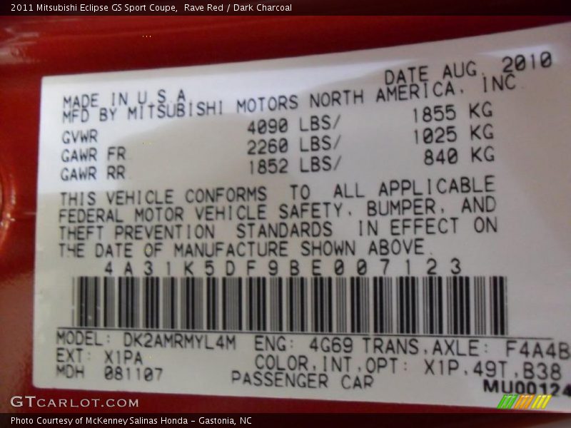 Rave Red / Dark Charcoal 2011 Mitsubishi Eclipse GS Sport Coupe
