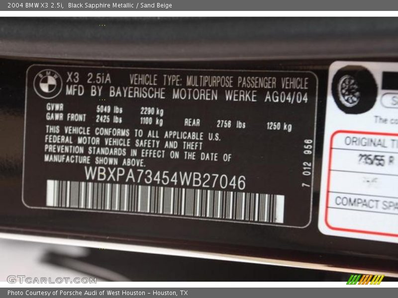 Black Sapphire Metallic / Sand Beige 2004 BMW X3 2.5i