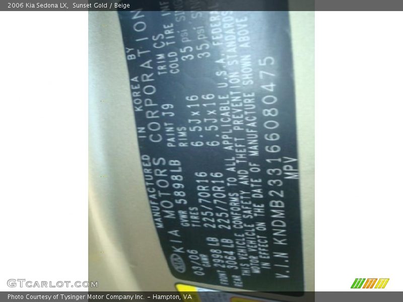 Sunset Gold / Beige 2006 Kia Sedona LX