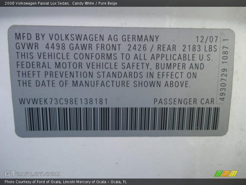 Candy White / Pure Beige 2008 Volkswagen Passat Lux Sedan