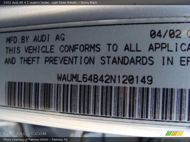 Light Silver Metallic / Ebony Black 2002 Audi A6 4.2 quattro Sedan