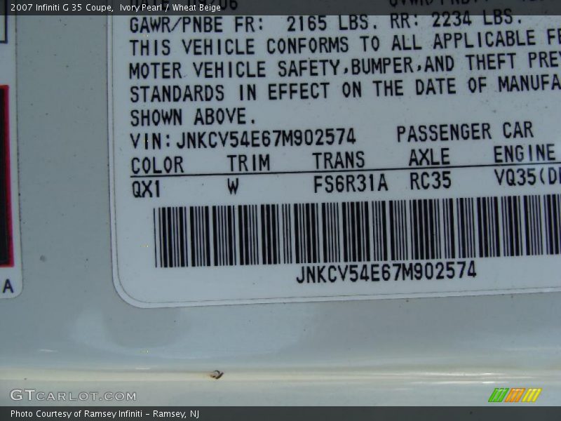 Ivory Pearl / Wheat Beige 2007 Infiniti G 35 Coupe