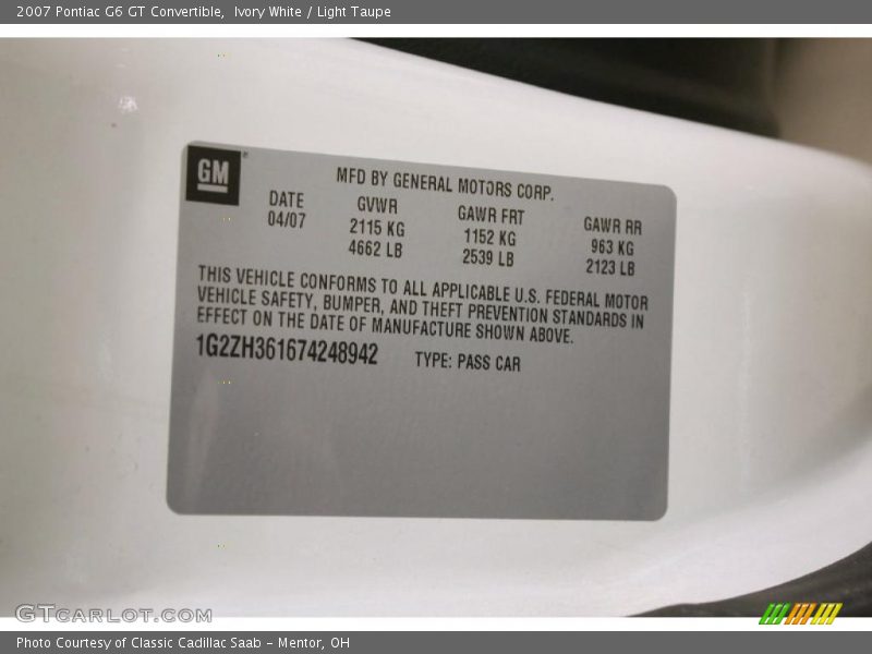 Ivory White / Light Taupe 2007 Pontiac G6 GT Convertible