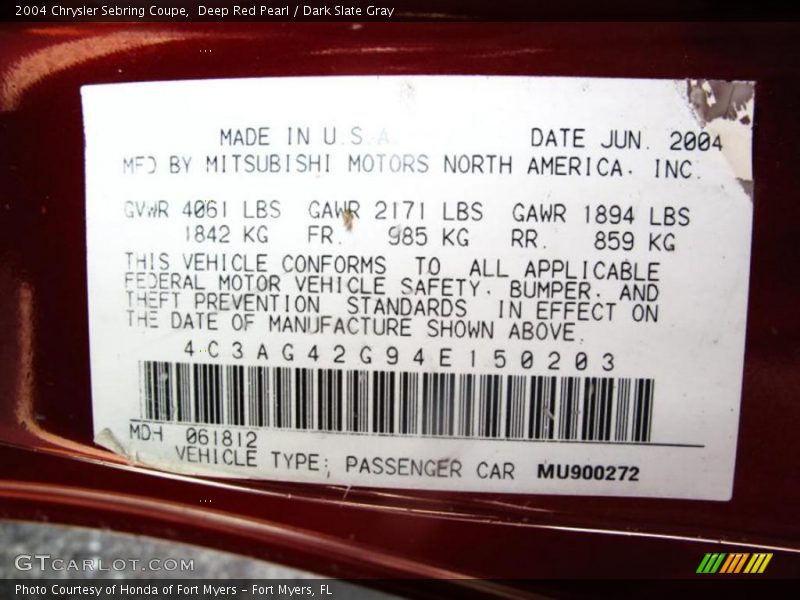 Deep Red Pearl / Dark Slate Gray 2004 Chrysler Sebring Coupe