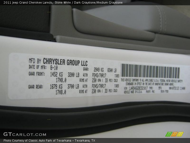 Stone White / Dark Graystone/Medium Graystone 2011 Jeep Grand Cherokee Laredo