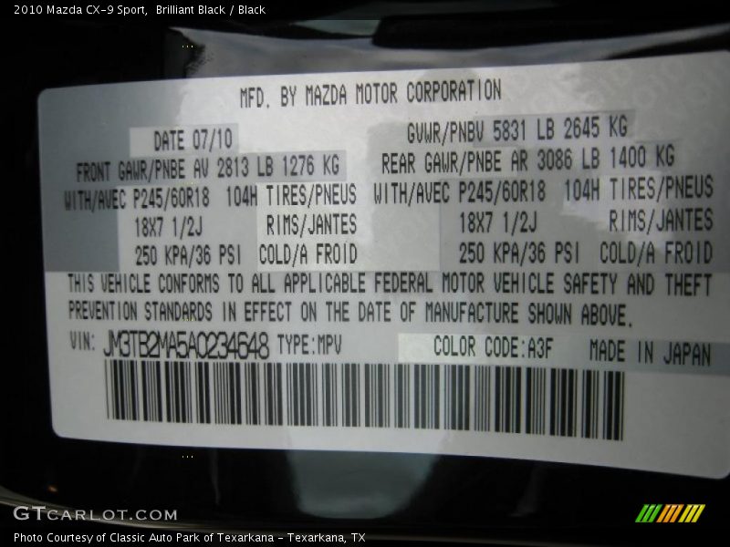 Brilliant Black / Black 2010 Mazda CX-9 Sport
