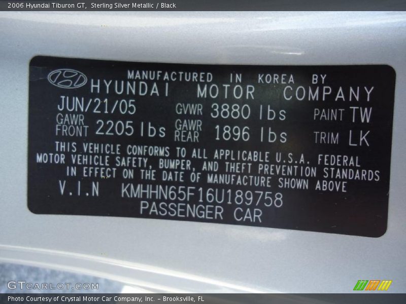 Sterling Silver Metallic / Black 2006 Hyundai Tiburon GT