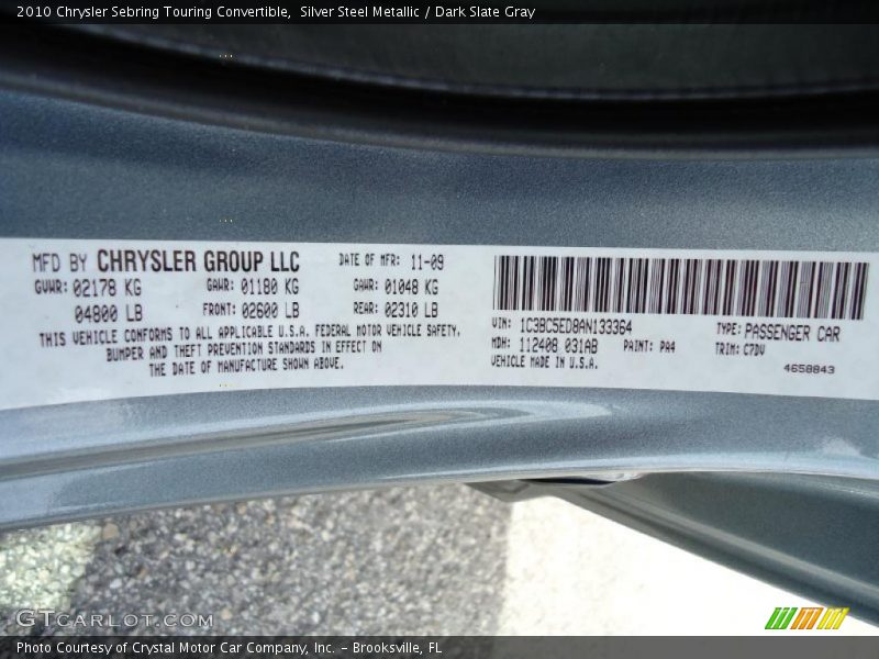 Silver Steel Metallic / Dark Slate Gray 2010 Chrysler Sebring Touring Convertible