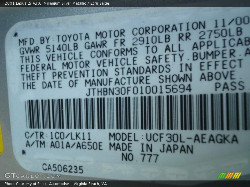 Millenium Silver Metallic / Ecru Beige 2001 Lexus LS 430