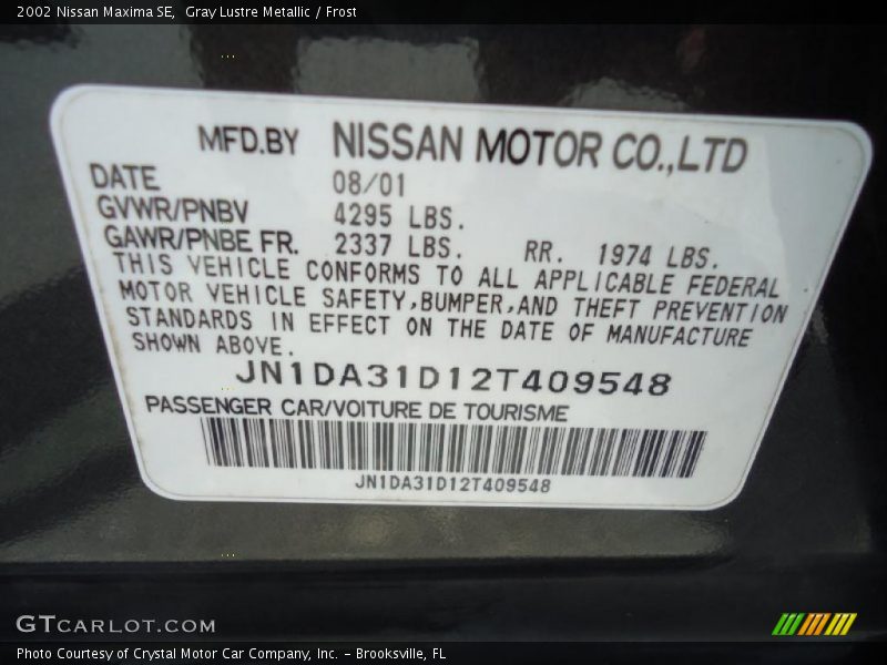 Gray Lustre Metallic / Frost 2002 Nissan Maxima SE