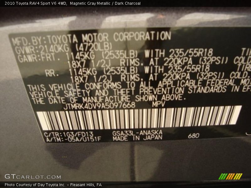 Magnetic Gray Metallic / Dark Charcoal 2010 Toyota RAV4 Sport V6 4WD