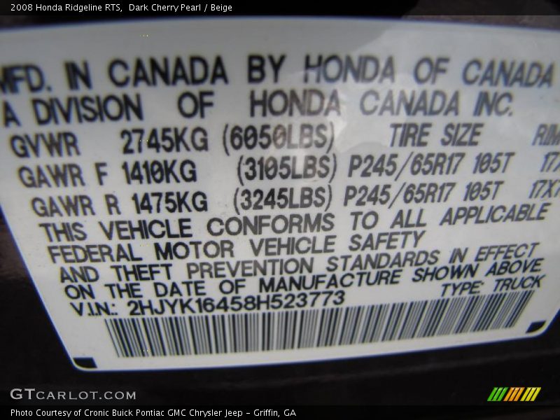 Dark Cherry Pearl / Beige 2008 Honda Ridgeline RTS