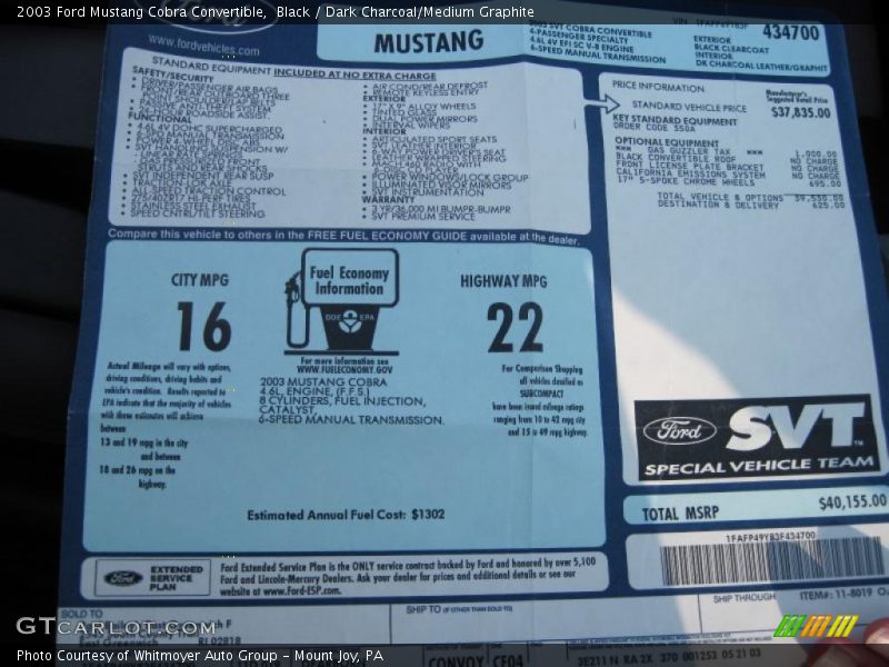 Black / Dark Charcoal/Medium Graphite 2003 Ford Mustang Cobra Convertible