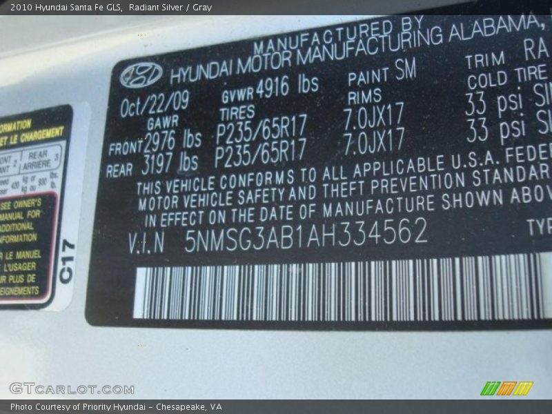 Radiant Silver / Gray 2010 Hyundai Santa Fe GLS