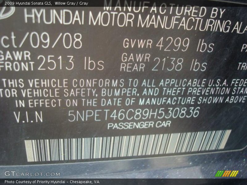 Willow Gray / Gray 2009 Hyundai Sonata GLS