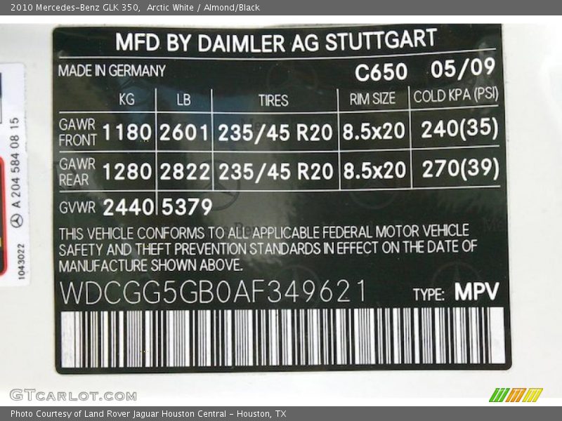 Arctic White / Almond/Black 2010 Mercedes-Benz GLK 350