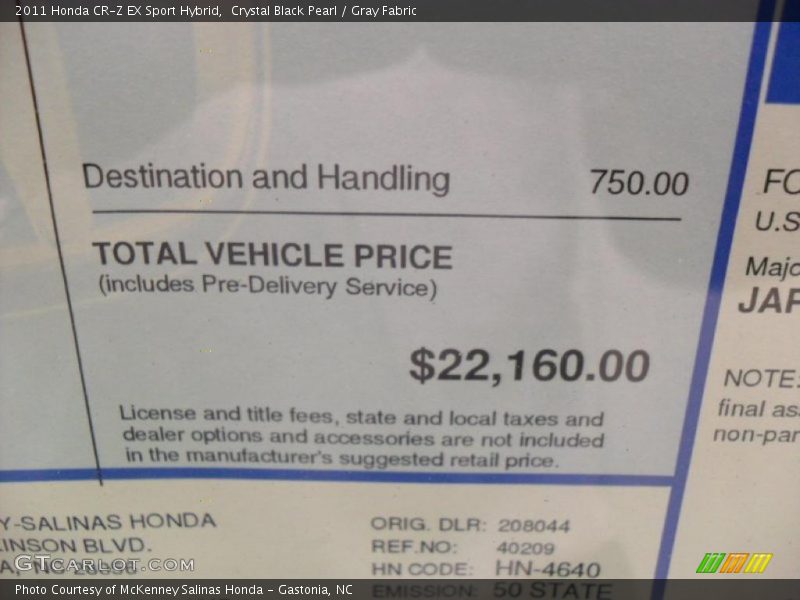 Crystal Black Pearl / Gray Fabric 2011 Honda CR-Z EX Sport Hybrid