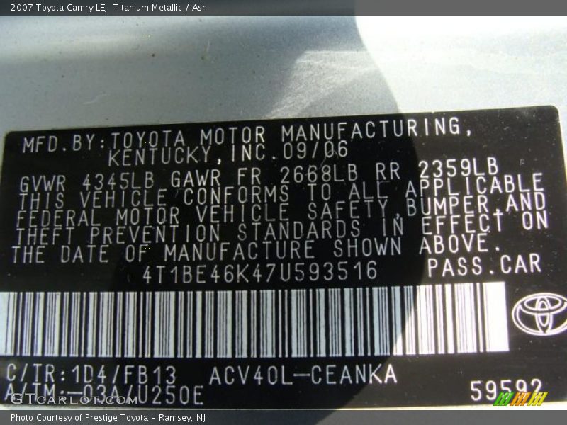 Titanium Metallic / Ash 2007 Toyota Camry LE