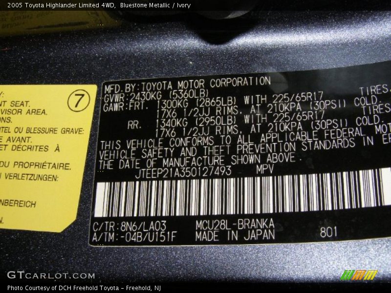 Bluestone Metallic / Ivory 2005 Toyota Highlander Limited 4WD