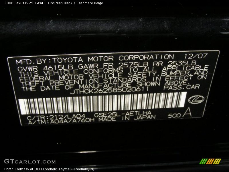 Obsidian Black / Cashmere Beige 2008 Lexus IS 250 AWD
