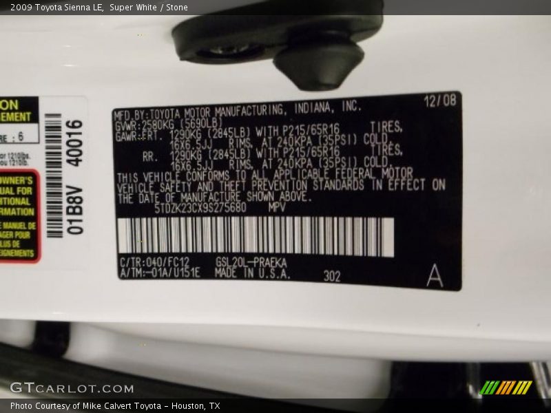Super White / Stone 2009 Toyota Sienna LE