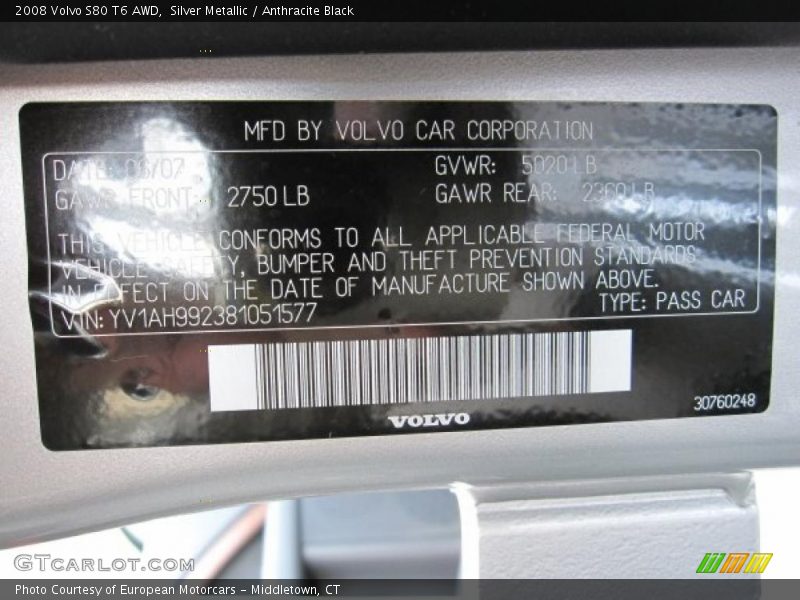 Silver Metallic / Anthracite Black 2008 Volvo S80 T6 AWD