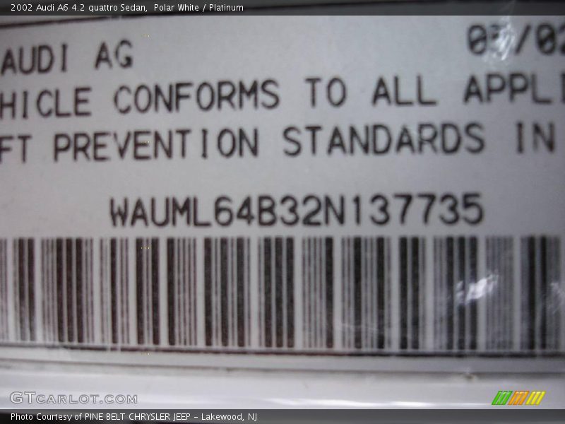 Polar White / Platinum 2002 Audi A6 4.2 quattro Sedan