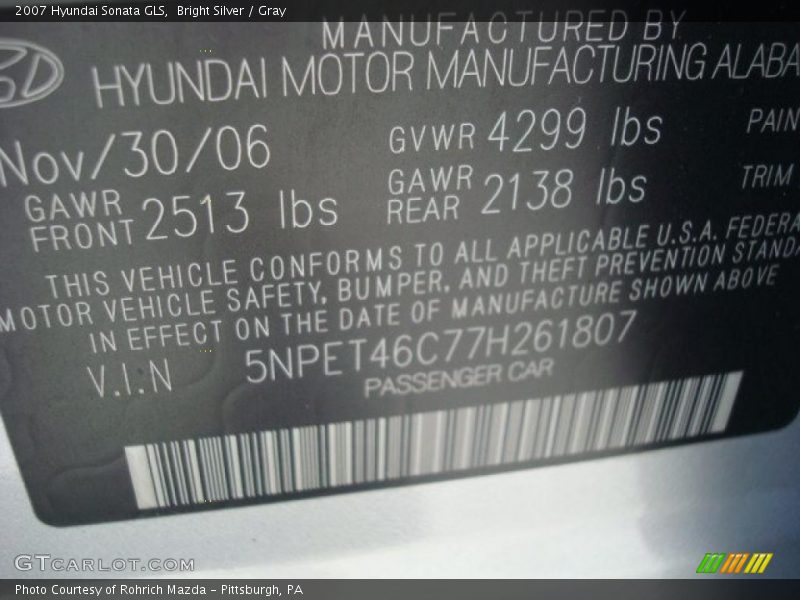 Bright Silver / Gray 2007 Hyundai Sonata GLS