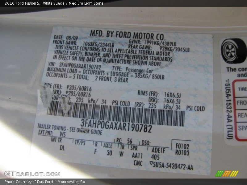 White Suede / Medium Light Stone 2010 Ford Fusion S