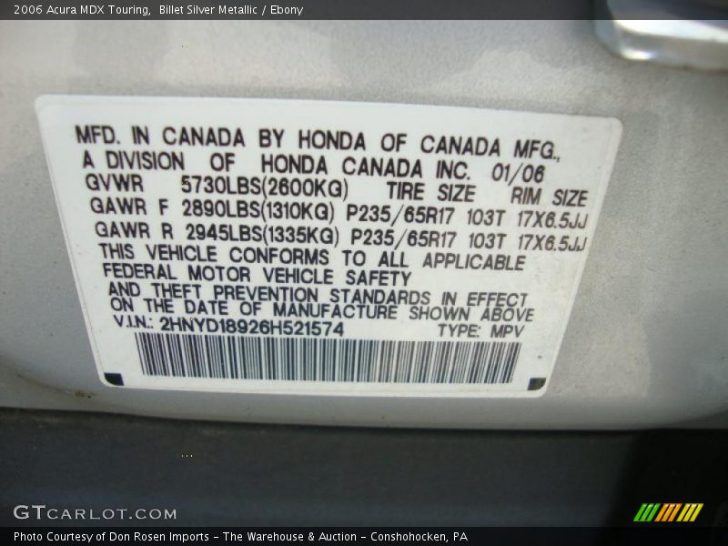 Billet Silver Metallic / Ebony 2006 Acura MDX Touring
