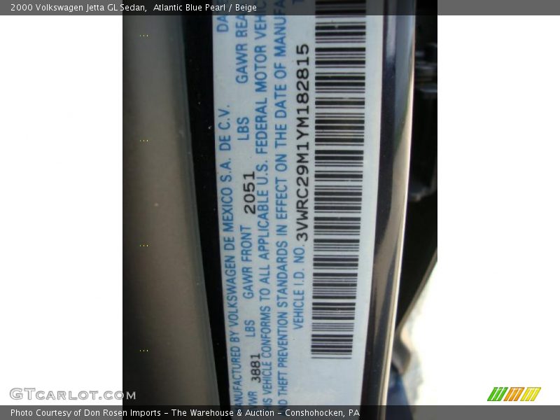 Atlantic Blue Pearl / Beige 2000 Volkswagen Jetta GL Sedan